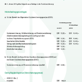 Mehr Informationen zum Thema: 2019: Neue Beträge in der Sozialversicherung